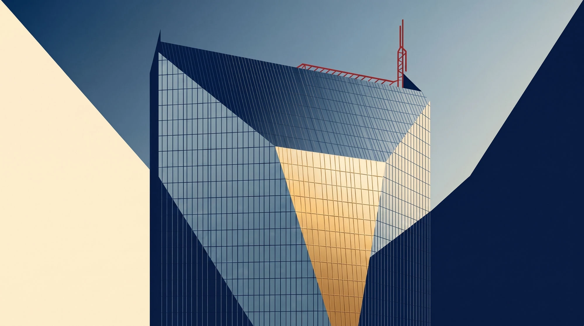 A stylised illustration of 11 Diagonal Street — AG Capital’s namesake faceted glass tower in Johannesburg, its mirror façade catching the dusk.